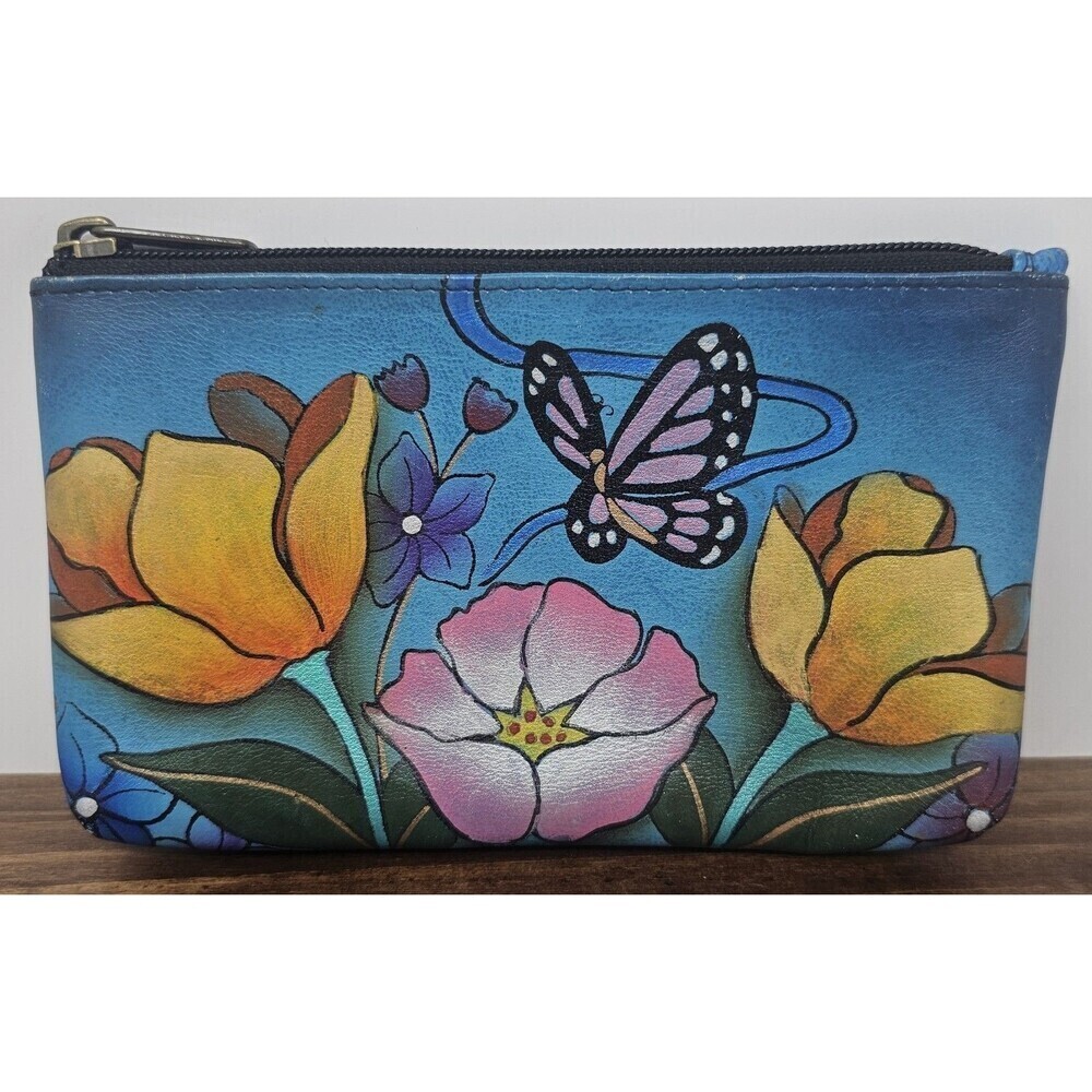 Anuschka Hand Painted Floral Butterfly Colorful Zip Cosmetic Pouch Case 7.25x4.5